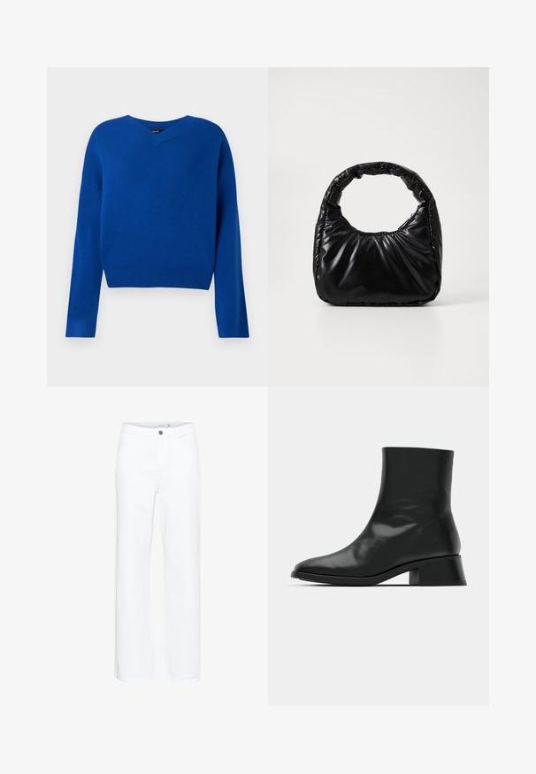 Pull en V, à manches longues, de couleur bleu vif, en tissu tricoté doux. Il présente un ourlet et des poignets côtelés, avec une coupe décontractée et des coutures minimales.; Jeans blancs à jambes larges en denim. Présentent une fermeture à bouton et un design traditionnel à cinq poches. Texture lisse avec une finition soignée.; Bottine noire en cuir brillant, au design épuré, avec un bout pointu et un petit talon bloc pour plus de stabilité.; Sac à main noir rembourré avec une poignée arrondie, présentant une surface lisse et brillante ainsi qu'une texture douce et matelassée. Pas de quincaillerie ou d'accents visibles.