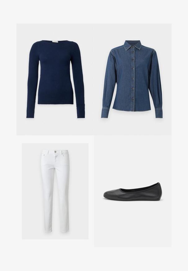 Pull ajusté bleu marine à manches longues avec encolure ronde et texture en maille fine, présenté sur fond blanc uni.; Chemise en denim bleu foncé à manches longues avec boutons sur le devant, col pointu et coutures blanches visibles le long des coutures et des poignets.; Jean blanc slim avec fermeture à boutons et zip à l'avant, passants pour ceinture, poches avant et arrière, présenté sur un fond uni.; Ballerines en cuir noir avec un bout rond, texture lisse, détails de couture minimalistes et design de semelle flexible.