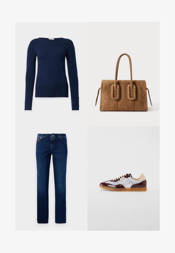 Marineblauer langärmeliger, figurbetonter Pullover mit rundem Ausschnitt und feiner Strickstruktur, auf weißem Hintergrund dargestellt.; Dunkelblaue Jeans aus Denim mit geradem Bein, klassischem Bund, fünf Taschen und dezenten Nähten an den Säumen.; Niedrigprofil-Sneaker mit braunen Lederakzenten, silbernen Glitzerstoffpaneelen, weißen Schnürsenkeln, beigem Fersenpatch und Sohle aus Gummi.; Braune rechteckige Wildleder-Handtasche mit zwei abgerundeten Griffen und seitlichen Reißverschluss-Details auf weißem Hintergrund.