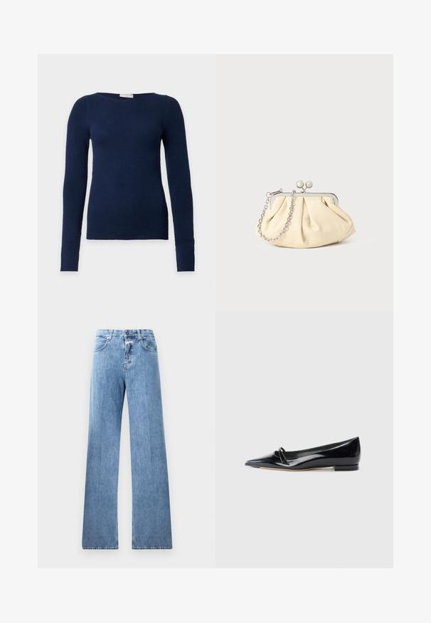 Pull ajusté bleu marine à manches longues avec encolure ronde et texture en maille fine, présenté sur fond blanc uni.; Jeans en denim bleu clair avec une coupe large, cinq poches, passants de ceinture et fermeture à bouton. Le tissu a une texture lisse.; Chaussure plate en cuir verni noir avec un bout pointu, une petite lanière décorative et un petit talon carré. Texture lisse et design épuré.; Pochette en cuir beige plissé avec un cadre en métal argenté, dotée de deux fermoirs ronds décoratifs et d'une chaîne en argent.
