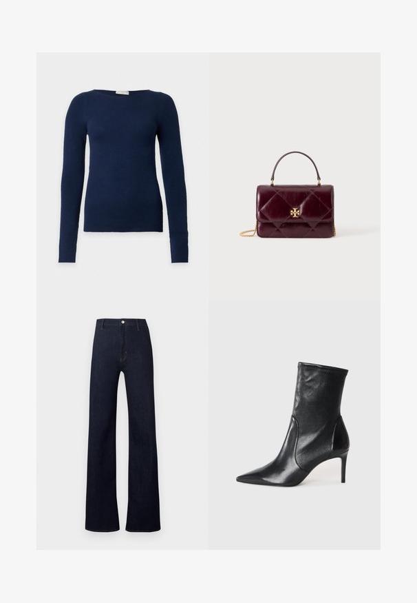 Pull ajusté bleu marine à manches longues avec encolure ronde et texture en maille fine, présenté sur fond blanc uni.; Pantalon en jean bleu foncé avec une taille haute, une coupe ample à jambes larges, et un style classique à cinq poches. Il présente des détails en bronze et des coutures discrètes.; Bottes noires à la cheville en cuir lisse, dotées d'un bout pointu, d'un tige ajustée et d'un talon haut fin. Design minimaliste sans quincaillerie visible.; Petit sac à main en cuir bordeaux foncé avec motif matelassé, fermoir logo doré, poignée supérieure et bandoulière chaîne dorée sur fond blanc.
