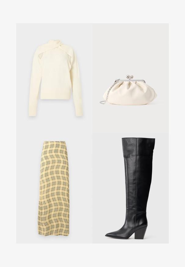 Top de punto de manga larga color crema con diseño de hombros descubiertos y detalle de collar envolvente, presentado sobre un fondo neutro.; Rabanne Falda larga - green/yellow/cream; Bota alta de cuero negro, con punta afilada, tacón bloque alto y en ángulo, y costuras verticales a lo largo del eje.; Bolso de mano de tela color crema con diseño fruncido, marco metálico plateado, dos bolas decorativas y correa de cadena plateada.