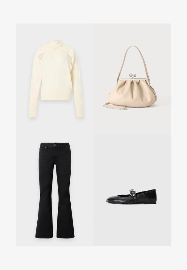 Haut à manches longues en tricot couleur crème avec design à épaules découpées et détail de col enroulé, présenté sur un fond neutre.; Jeans noirs taille haute avec fermeture à bouton et zip à l'avant, deux poches avant, et jambes évasées, posés à plat sur fond blanc.; Ballerines en cuir noir avec un bout pointu, dotées d'une sangle avec une boucle métallique circulaire et d'une semelle plate.; Sac à main en cuir souple beige avec un fermoir en métal argenté, une bandoulière simple et une bandoulière chaîne optionnelle sur fond blanc.