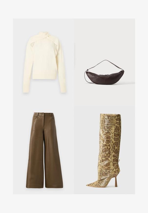 Haut à manches longues en tricot couleur crème avec design à épaules découpées et détail de col enroulé, présenté sur un fond neutre.; Pantalons à jambes larges en simili cuir marron lisse. Présentent une taille haute, quatre poches et une fermeture éclair sur le devant. Texture plate et design minimaliste.; Botte à talon pour femmes grande, avec un bout pointu et une texture en serpentin marron et beige, présentée en profil sur un fond léger uni.; Sac d'épaule en cuir marron foncé en forme de croissant avec une lanière courbée et des coutures visibles sur fond uni.
