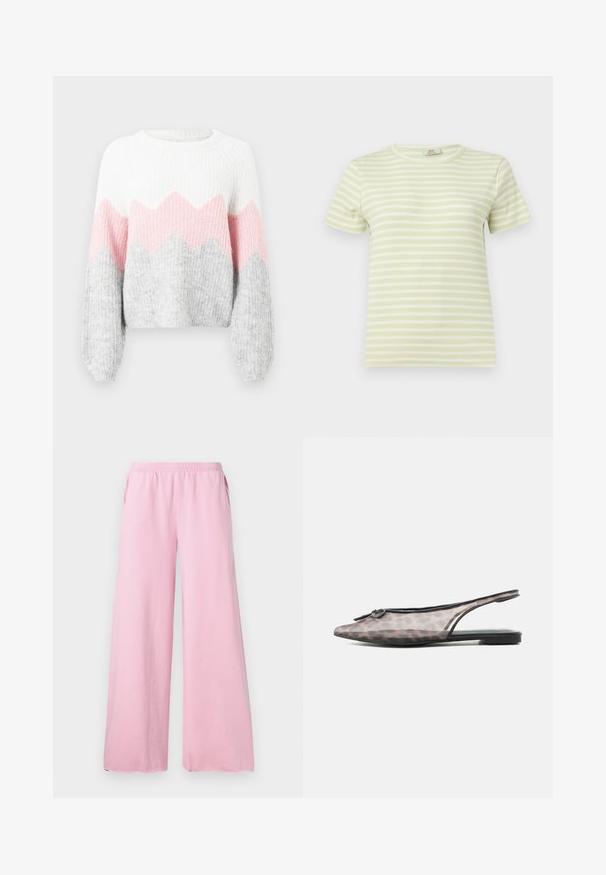 Gehaakte trui met een wit, roze en grijs zigzagpatroon. Heeft lange mouwen, een ribbelstructuur en een ronde halslijn. Gemaakt van zacht breimateriaal.; Lichtgroen en wit horizontaal gestreept, geribd T-shirt met korte mouwen en een ronde halslijn, afgebeeld tegen een effen achtergrond.; Roze wijde broek gemaakt van zachte stof met een elastische tailleband en zijzakken. Heeft een recht, vloeiend model.; Puntschoen slingback plat met doorschijnend luipaardprint bovenwerk en een kleine ronde versiering vlakbij de teen.