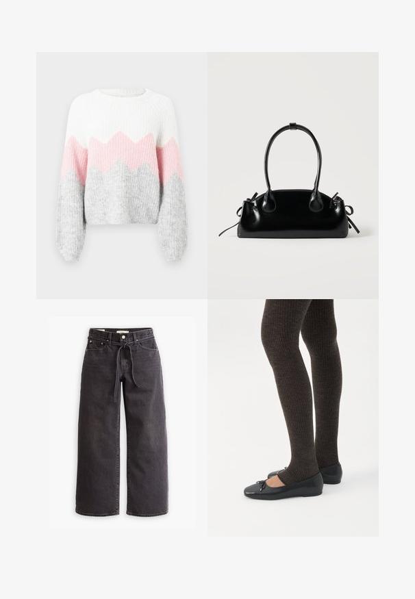 Crochet sweater with white, pink, and grey zigzag pattern. Features long sleeves, ribbed texture, and round neckline. Soft knit material.; Black wide-leg jeans made of denim, featuring a drawstring waist, five pockets, and contrast stitching details. Flat-front design.; Legs wearing dark ribbed leggings paired with black ballet flats featuring small bow details on a white background.; Small black glossy handbag with two long handles and side drawstring details on a plain light background.