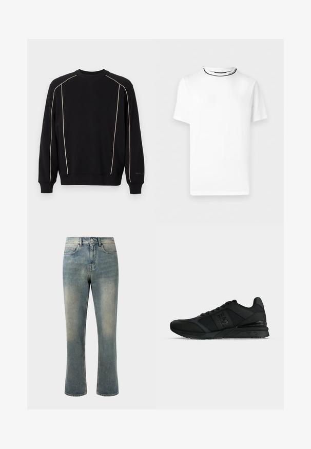 Schwarzer Pullover mit langen Ärmeln, der cremefarbene Nähte entlang der Schultern und Seiten aufweist. Gerippter Kragen und Bündchen, weiche Textur.; Weißes T-Shirt mit kurzen Ärmeln und Rundhalsausschnitt, mit dünnem schwarzem Besatz am Kragen und dezentem Markentext im inneren Nackenbereich.; Hellblaue Denim-Jeans mit geradem Bein, mittelhoher Taille und subtilen Ausbleichungen. Verfügt über klassische Taschenstil und Kontrastnähte.; Schwarzer Low-Top Sneaker mit Schnürdesign, Mesh- und Lederpaneelen sowie EA7-Logo an der Seite und der Sohle, aus Profilansicht gezeigt.