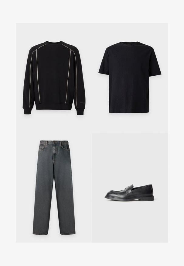 Sweatshirt noir à manches longues, avec des coutures de couleur écru le long des épaules et des côtés. Col et poignets côtelés, texture douce.; T-shirt noir à manches courtes et col rond avec un motif texturé subtil sur fond uni gris clair.; Jean en denim gris foncé avec une coupe droite, cinq poches et une fermeture à bouton et zip. Le tissu présente un léger dégradé et des coutures.; Mocassins en cuir noir avec une finition texturée, dotés d'une bride décorative à l'avant et d'un bout arrondi. Semelle en caoutchouc pour plus de durabilité.