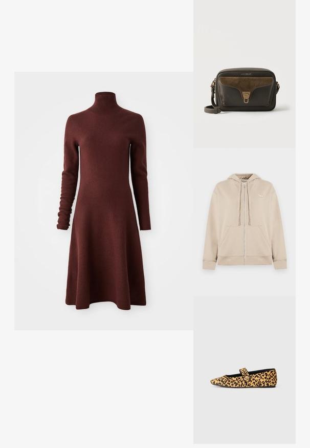 Beige zip-up hoodie gemaakt van zachte stof, met een kangoeroezak, een capuchon met trekkoord en een klein logo-accent op de borst.; Langermige, hoge nek, bordeaux gebreide jurk met een geflared rok, weergegeven op een witte achtergrond.; Leopardprint platte schoen met een spitse neus, zwarte accenten en een bandje met een gouden hardware detail. Gemaakt van een zachte materialen.; Kleine rechthoekige donkerbruine crossbodytas met voorvak van suède, goudkleurige sluiting en verstelbare band op witte achtergrond.