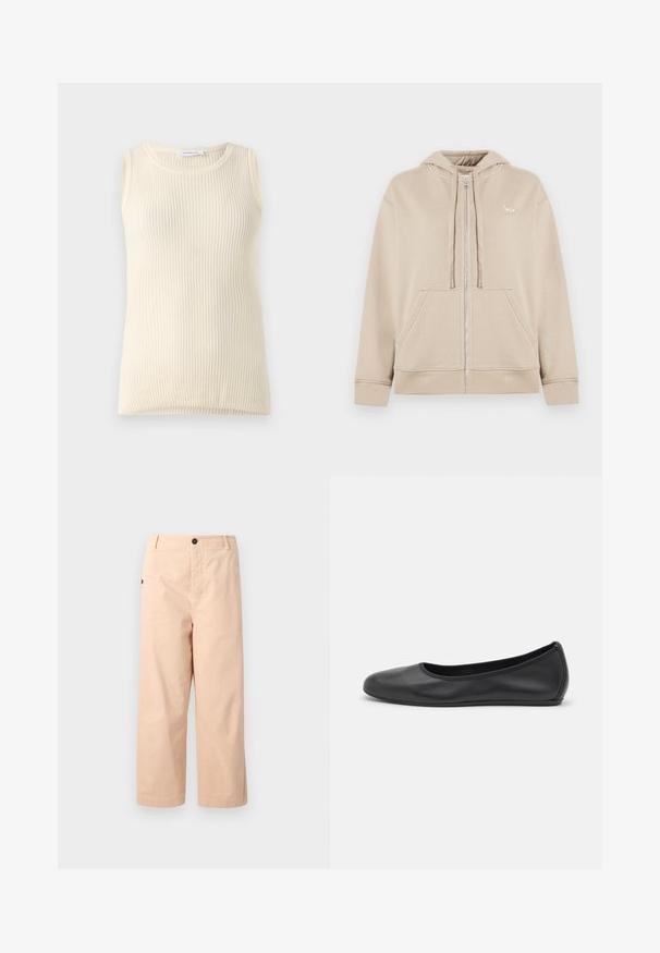 Beige Zip-Hoodie aus weichem Stoff, mit Kängurutasche, verstellbarem Kapuzenzug und einem kleinen Logoakzent auf der Brust.; Ärmelloses cremefarbenes Top mit geripptem Muster und Rundhalsausschnitt. Der Stoff wirkt weich, hat eine figurbetonte Form und keine sichtbaren Muster oder Akzente.; Beige Baumwoll-Cropped-Hosen mit geradem Schnitt, ausgestattet mit einem einzelnen Knopf an der Taille und seitlichen Taschen. Glatte Textur ohne Muster.; Schwarze Leder-Ballettschuhe mit abgerundeter Spitze, glatter Textur, minimalen Nähdetails und einem flexiblen Sohlen-Design.