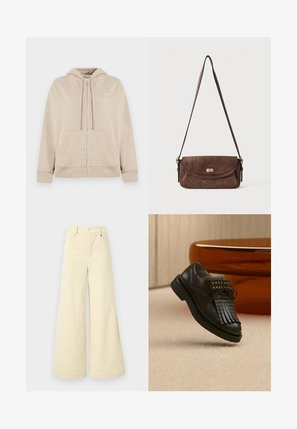 Beige zippered hoodie lavet af blødt stof, med en kængurulomme, snørehætte og en lille logo-detalje på brystet.; Bredde bukser lavet af blødt beige stof med en tekstureret overflade, der har forlommer, bæltestropper og en enkelt knaplukning.; Sort læder snøresko med dekorativ frynse og metalnitter placeret på beige tæppe nær brunt møbel.; Brun ruskind skuldertaske med en lang, justerbar strop og en guldfarvet drejelås på frontklappen.