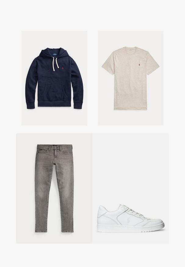 Tumesinine kapuutsiga dressipluus valgete paeladega, ees kängurutasku ja vasakul rinnal väike punane Polo Ralph Laureni logo.; Helebeežikad lühikeste varrukatega T-särk, valmistatud pehmest puuvillast, millel on klassikaline ümar kaelus ja väike tikitud logo rinnal.; Hallid teksapüksid, kitsas lõige, sirgete säärtega. Omavad klassikalist viit taskut, õmblusdetailide ja kerge kulumise tekstuuri.; Valged nahast spordijalatsid siledast materjalist, millel on ventilatsiooniga varvas, paelad ja kõrvale brodeeritud logo. Valge kummitald.