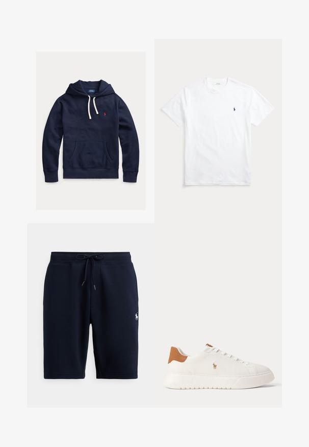 Marineblauwe hoodie met witte trekkoorden, voorzak in kangoeroestijl en klein rood Polo Ralph Lauren-logo op de linkerborst.; Wit T-shirt met korte mouwen en ronde hals met een klein marineblauw geborduurd logo van een polo-speler op de linkerborst.; Marineblauwe katoenen sportshorts met een elastische tailleband, trekkoord en logo-accent aan de linkerkant. Gladde textuur, tot aan de knieën.; Witte lage sneaker met beige hieltab, witte veters en klein geborduurd polo spelerlogo aan de zijkant boven een dikke zool.
