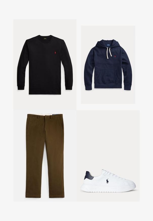 Navyblå hættetrøje med hvide snore, front kængurulomme og lille rød Polo Ralph Lauren-logo på venstre bryst.; Sort langærmet T-shirt med rund halsudskæring, med lille rødt broderet logo på venstre bryst og ribstrikkede manchetter.; Brune bomulds-chinos med en glat finish, fladt frontstykke, sidelommer og lige ben. Har en diskret syningsdetalje langs kanterne.; Hvid lavtop sneaker med sort hæltab og sort Polo Ralph Lauren-logo på siden, med hvide snørebånd og en tyk sål.