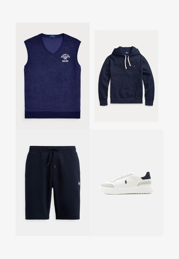 Marineblaue Kapuzen-Sweatshirt mit weißen Kordeln, Kängurutasche vorne und kleinem rotem Polo Ralph Lauren-Logo auf der linken Brust.; Seegrüne ärmellose Poloshirt aus Frottee-Material; verfügt über einen V-Ausschnitt, gerippten Kragen und ein weißes Logo mit Tennisschlägern.; Marineblaue Baumwoll-Sportshorts mit elastischem Bund, Kordelzug und Logo-Akzent auf der linken Seite. Glatte Textur, knielang.; Weißer Sneaker mit niedrigem Schaft, schwarzem Fersenriemen, grauen Wildlederakzenten, dicker Sohle und schwarzem Polo-Logo an der Außenseite.