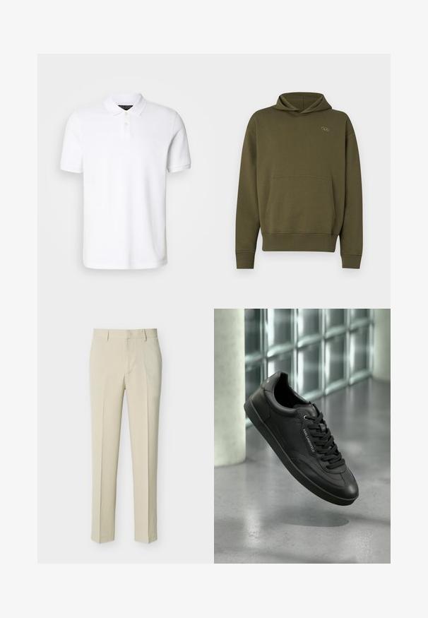 Olijfgroene hoodie in een zachte, gestructureerde stof met een voorzak en ribgebreide boorden en zoom. Heeft een klein logo op de borst.; Witte polo-shirt van katoen. Bevat een klassieke kraag, drie-knopenluik en korte mouwen. Subtiel logo geborduurd op de borst.; Beige, op maat gemaakte rechte broek met riemlussen en een voorrits, weergegeven tegen een effen lichte achtergrond.; Zwarte leren sneaker met een getextureerde afwerking, platte veters, ronde neus en een rubberen zool. Heeft een logodetail aan de zijkant.