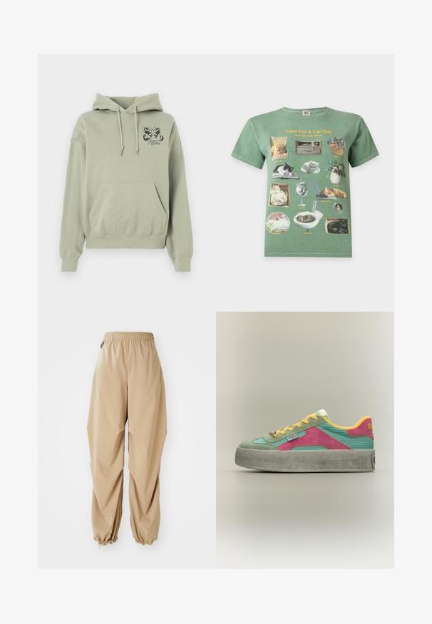 Lys grøn hættebluse med frontlomme, snore og et sort sommerfuglegrafik med kursiv tekst på brystet.; Grøn t-shirt med illustrationer af katte, der sover forskellige steder, og tekst med "Time For A Cat Nap, Snooze and Mews."; Beige letvægtsbukser med elastisk talje, tapered manchetter og en glat tekstur, der har en afslappet pasform og ingen synlige mønstre eller udsmykninger.; Lav platform sneaker med grøn og pink overdel, gule snørebånd og inderfor, samt grå tekstureret sål på neutral baggrund.