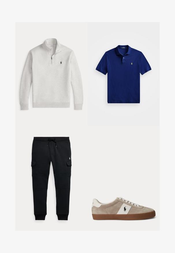 Vaaleanharmaa neljännesvetoketjullinen collegepaita pitkillä hihoilla ja pienellä mustalla Polo Ralph Lauren -logolla vasemmassa rinnassa.; T-paita laivastonsinisestä pehmeästä puuvillasta, jossa on kolme nappia, lyhyet hihat ja keltainen logo vasemmassa rinnassa.; Mustat cargo-jogger-housut, joissa on kiristysnauhavyötärö, sivutaskut kannella, resorit lahkeensuissa ja pieni valkoinen polo-pelaajan logo oikeassa reisissä.; Beigen värinen mokkanahkainen matalan mallinen lenkkari, jossa valkoiset kengännauhat, valkoinen nahkakoristelu mustalla hevosen logolla ja ruskea kumipohja.