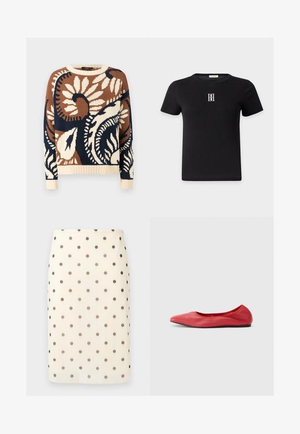 Pull en tricot à manches longues avec motif floral et feuillage marron, crème et marine, col, poignets et ourlet côtelés.; T-shirt noir à manches courtes avec logo stylisé blanc "BH" centré sur la poitrine, col rond, fond uni.; Jupe crayon couleur crème avec des pois noirs espacés uniformément et une coupe droite longueur genou.; Filippa K REY FLATS - Ballerines - bright red