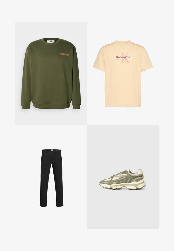 Olivgrüner Sweatshirt mit langen Ärmeln, Rundhalsausschnitt und gerippten Bündchen. Mit orangefarbenem "EARLY BIRDS"-Text auf der Brust. Material aus Baumwollmischung.; Beiges Kurzarm-T-Shirt mit pinkem und schwarzem Calvin Klein-Logo, das auf der Vorderseite in der Mitte aufgedruckt ist.; Schwarze Baumwollhosen mit geradem Schnitt, Gürtelschlaufen, einem Reißverschluss und Knopfverschluss sowie seitlichen Taschen.; Grüne und beige Sportschuhe mit Obermaterial aus Mesh und Wildleder, strukturiertem Mittelsohlenbereich, sichtbarem Schnürsystem und geprägtem Logodetail.