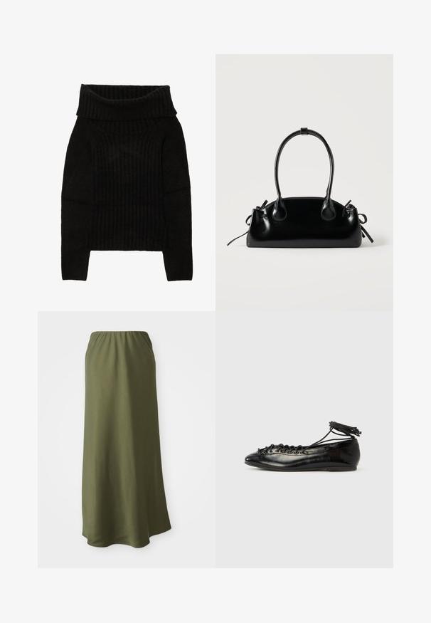 Suéter negro de punto con un amplio escote doblado, textura acanalada y mangas largas con un corte cropped.; Falda verde oliva, de longitud hasta el tobillo, hecha de una tela suave con cintura elástica; textura lisa y un diseño sencillo y fluido.; Zapatos planos tipo ballet de charol negro con punta redondeada, diseño con cordones y suela plana. Textura lisa con detalles mínimos.; Pequeño bolso negro brillante con dos asas largas y detalles de cordón lateral sobre un fondo claro liso.