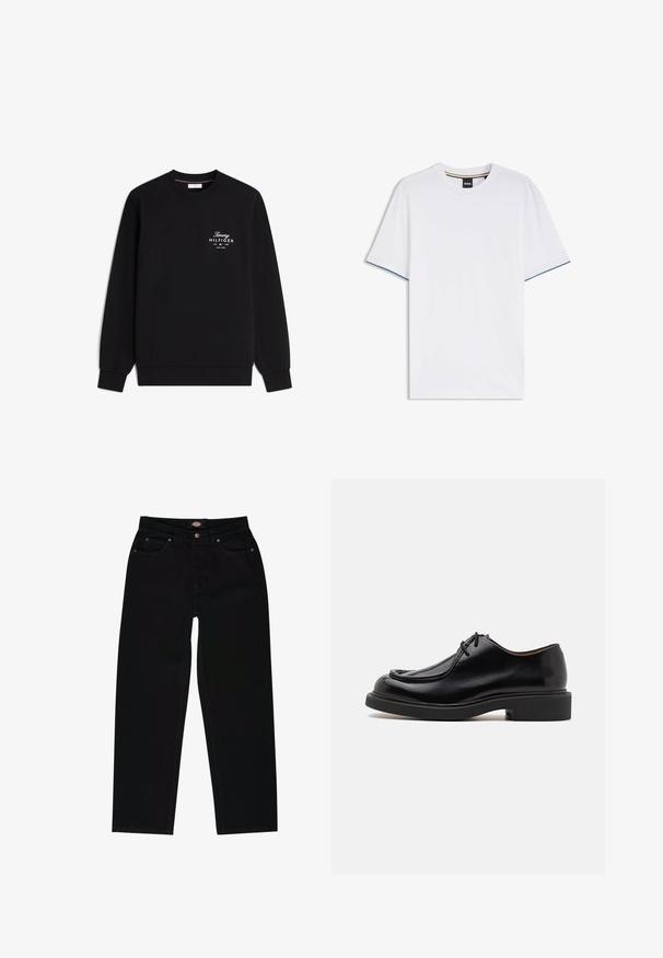 Schwarzer Sweatshirt mit langen Ärmeln und Rundhalsausschnitt, mit kleinem weißem Tommy Hilfiger-Logo und Text auf der linken Brust.; BOSS BOSS THOMPSON 250_IN - T-Shirt basic - natural one; Schwarze Jeans aus Denim im geraden Schnitt, mit fünf Taschen, braunen Nähten und einem Reißverschluss. Glatte Textur und hochwertiges Material.; Schwarzer Lederschuh mit runder Zehenform, gesteppten Details, minimalen Schnürsenkeln und dicker Gummisohle für Traktion und Langlebigkeit.