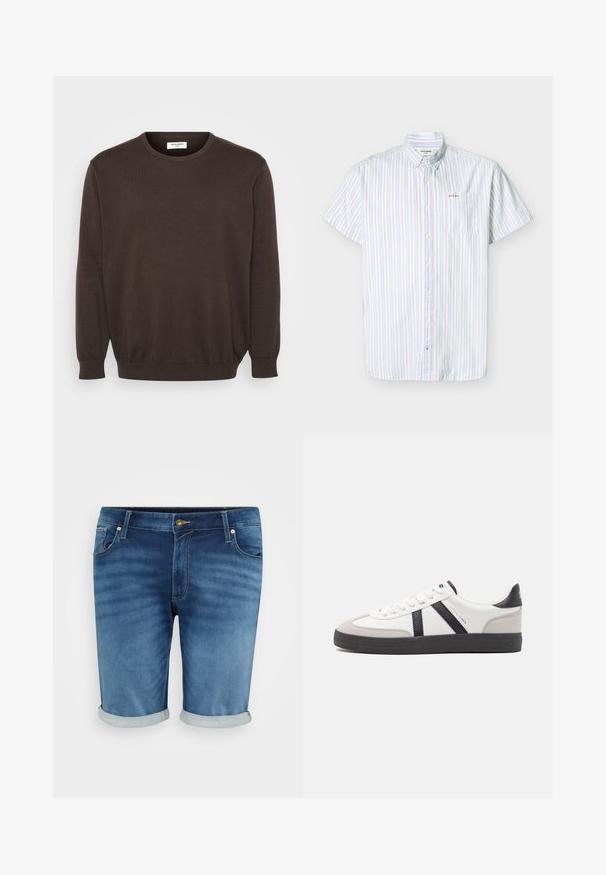Brun striktrøje med rund halsudskæring, lange ærmer og ribbede manchetter og kant. Glat stofstruktur, klassisk design uden pynt.; Kortærmet skjorte med knapper, med lodrette blå, beige og hvide striber og en brystlomme broderet med lille tekst.; Denim shorts i mellemblå med en let fading, der har knappelukning, fem lommer og opsmøgte kanter for et afslappet look.; Hvide sneakers med sorte og grå detaljer, med en tekstureret grå tåhætte, sort gummisål og flade hvide snørebånd. Rent design, minimalistisk stil.