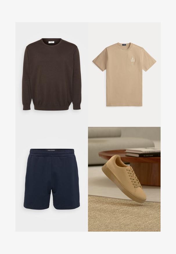 Brauner Strickpullover mit Rundhalsausschnitt, langen Ärmeln sowie gerippten Bündchen und Saum. Glatte Stoffoberfläche, klassisches Design ohne Verzierungen.; Beige Polo Ralph Lauren T-Shirt mit kurzen Ärmeln, Rundhalsausschnitt und kleinem weißem Logo auf der linken Brust.; Marineblaue Baumwollshorts mit einem elastischen Bund, ausgestattet mit einer glatten Textur und genähten Säumen. Kleines Markenlogo an der Seite.; Beiger geschnürter Sneaker, der über einem strukturierten Teppich mit Holzcouchtisch und gestapelten Büchern im verschwommenen Hintergrund schwebt.