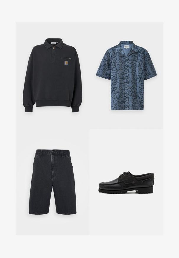 Schwarzer Sweatshirt mit Viertel-Reißverschluss, Kragen, gerippten Bündchen und Saum, Reißverschlusstasche auf der Brust und Carhartt-Logo-Patch auf der Vorderseite.; Kurzärmeliges Hemd aus strukturiertem blauem Stoff mit schwarzem Schlangenmuster, ausgestattet mit spitzem Kragen und Knopfleiste vorne.; Schwarze Jeansshorts mit geradem Schnitt, mittelhohem Bund, vorderer Knopfleiste und sichtbaren Nähten.; Schwarzer Schuh mit einem Obermaterial aus Leder, textilen Akzenten, runden Schnürsenkeln und einer strukturierten Gummisohle. Verfügt über Mokassin-Nähte und eine Markeninschrift.