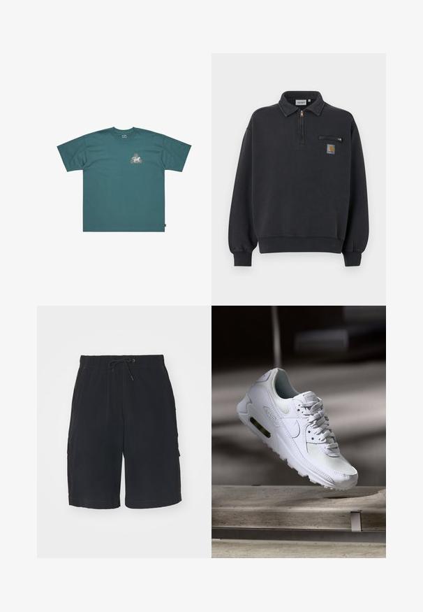 Sort kvart-lynlåstrøje med krave, ribstrikkede ærmespidser og kant, brystlomme med lynlås og Carhartt-logo på forsiden.; Teal bomulds T-shirt med korte ærmer og løs pasform. Har en trekantet grafik med farverigt design og mærkenavn på brystet.; Sorte cargo shorts med elastisk talje, snøring, sidelommer og kontrastsyning. Fremstillet af letvægtsstof.; Hvide Nike Air Max 90 sneakers med en overdel i mesh og læder, perforeret tåboks og en synlig luftenhed i hælen.