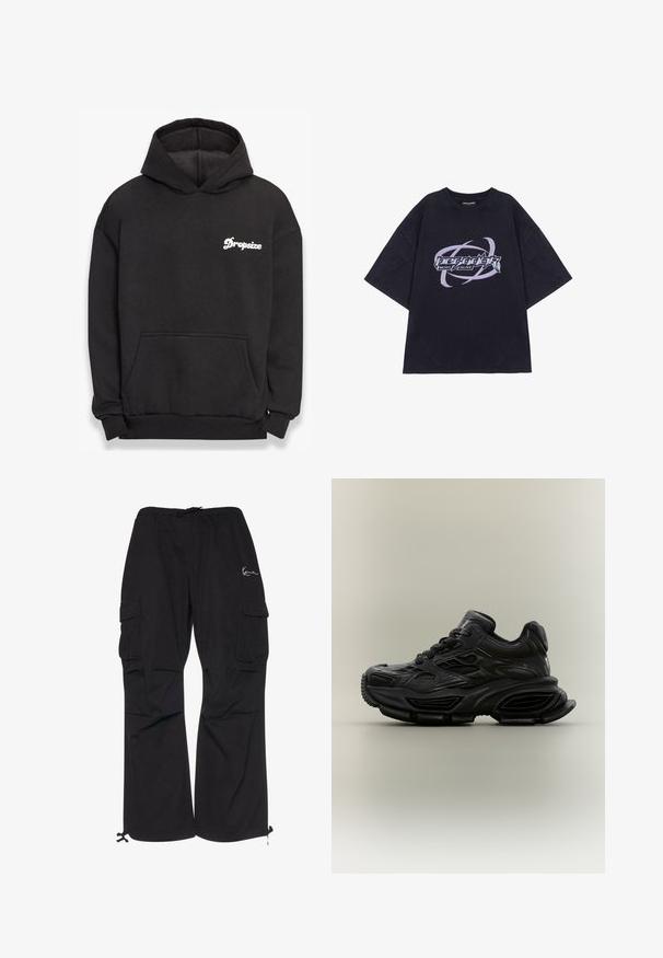 Sudadera con capucha negra hecha de material suave. Cuenta con un bolsillo frontal, puños acanalados y el logo blanco de "Dropsize" en el lado izquierdo del pecho.; Camiseta negra de gran tamaño hecha de algodón con un estampado gráfico que presenta el texto "Pegador Most Alive" y acentos en espiral en púrpura y plateado.; Pantalones cargo negros de tejido ligero, con cintura elástica y cordón, bolsillos laterales y puños ajustables.; Zapatilla deportiva negra y gruesa con diseño texturizado, suela gruesa y cierre de cordones mostrada sobre un fondo neutro y sencillo.