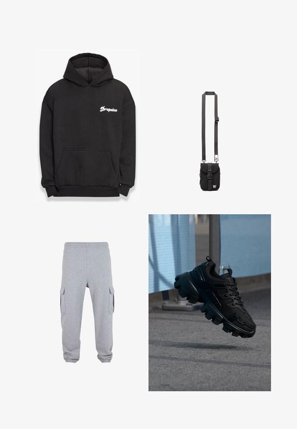 Sudadera con capucha negra hecha de material suave. Cuenta con un bolsillo frontal, puños acanalados y el logo blanco de "Dropsize" en el lado izquierdo del pecho.; Pantalones de chándal grises hechos de una tela suave que cuentan con dos bolsillos cargo laterales, cintura elástica y puños elásticos en los tobillos.; Zapatilla negra y gruesa con suela de taco grueso flotando sobre un pavimento gris, con un fondo desenfocado azul claro y gris.; Bolso cruzado de tela negra con correa ajustable, solapa frontal y bolsillo con cremallera. Presenta herrajes de marca y una forma rectangular compacta.
