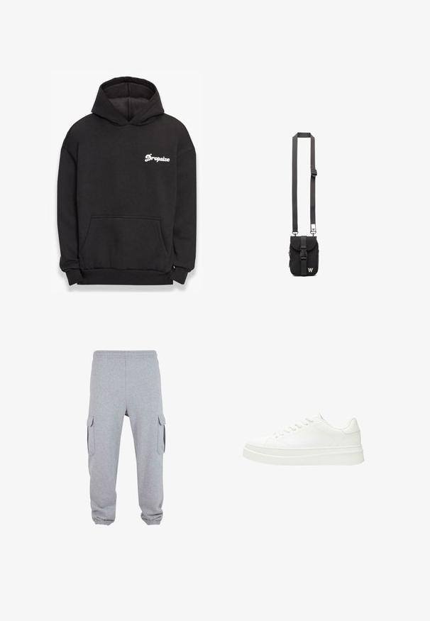 Sweatshirt à capuche noire en matériau doux. Poche avant, poignets côtelés et logo blanc "Dropsize" sur la poitrine gauche.; Pantalons de survêtement gris en tissu doux, dotés de deux poches cargo latérales, d'une taille élastique et de poignets élastiques aux chevilles.; Baskets blanches avec une tige en cuir lisse, des lacets plats et une semelle en caoutchouc épaisse. Le design minimaliste présente des coutures discrètes et des accents sans couture.; Sac en bandoulière noir en tissu avec sangle réglable, rabat avant et poche zippée. Doté de quincaillerie de marque et d'une forme rectangulaire compacte.