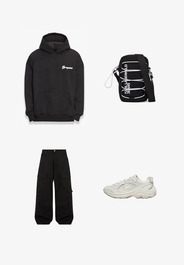 Schwarzer Kapuzenpullover aus weichem Material. Mit einer vorderen Tasche, gerippten Bündchen und dem weißen "Dropsize"-Logo auf der linken Brust.; Schwarze Cargo-Hosen aus strapazierfähiger Baumwolle mit lockerer Passform. Verfügt über mehrere Utility-Taschen und ein gerades Bein Design.; Weißer Sneaker mit strukturiertem Obermaterial und klobiger Sohle. Merkmale sind geschwungene Linien, dezente graue Akzente und ein Schnürdesign.; Schwarze Umhängetasche mit weißen elastischen Schnüren, silbernen Beschlägen und dem Aufdruck "KARL LAGERFELD JEANS" in Weiß auf der Vorderseite, mit breitem schwarzem Träger.