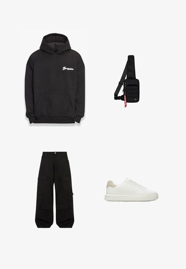 Schwarzer Kapuzenpullover aus weichem Material. Mit einer vorderen Tasche, gerippten Bündchen und dem weißen "Dropsize"-Logo auf der linken Brust.; Schwarze Cargo-Hosen aus strapazierfähiger Baumwolle mit lockerer Passform. Verfügt über mehrere Utility-Taschen und ein gerades Bein Design.; Weiße Sneakers aus glattem Leder mit einer texturierten, beigen Fersenapplikation, runden Schnürsenkeln, einem flachen Design und einer Gummisohle.; Schwarze Umhängetasche aus strukturiertem Stoff. Ausgestattet mit einem Reißverschluss-Hauptfach, einer vorderen Tasche mit Gurtband, verstellbarem Riemen und einem dekorativen Anhänger.