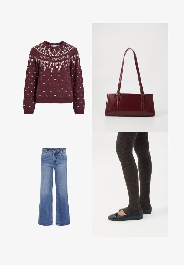 Bordeauxrød sweater med rund halsudskæring med hvid tekst "MERRY CHRISTMAS" og et strikket snefnugmønster på bærestykket og kroppen.; My Essential Wardrobe MWLOUIS HIGH WIDE - Jeans Straight Leg - medium blue wash; Ben iført mørke ribbede leggings kombineret med sorte balletsko med små sløjfedetaljer på hvid baggrund.; Bordeaux håndtaske lavet af glansfuldt materiale, rektangulær form, med to skulderremme og subtile buede detaljer på forsiden.