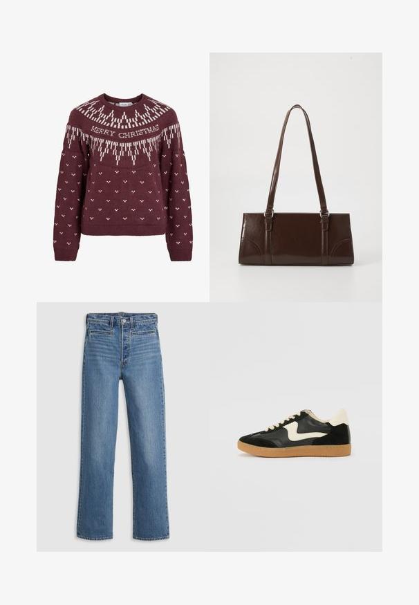 Bordeauxrød sweater med rund halsudskæring med hvid tekst "MERRY CHRISTMAS" og et strikket snefnugmønster på bærestykket og kroppen.; Lys blå, lige ben jeans lavet af denim. Funktioner inkluderer en knaplukning, fem lommer og diskret slid. Ingen udsmykninger eller mønstre.; Sorte ruskinds- og lædersneakers med en cremefarvet side-swoosh og lys cremefarvet hæl. Har beige snørebånd og en gummirubber-sål.; Brun lakeret håndtaske med rektangulær form, to lange håndtag og subtile buede detaljer på fronten.