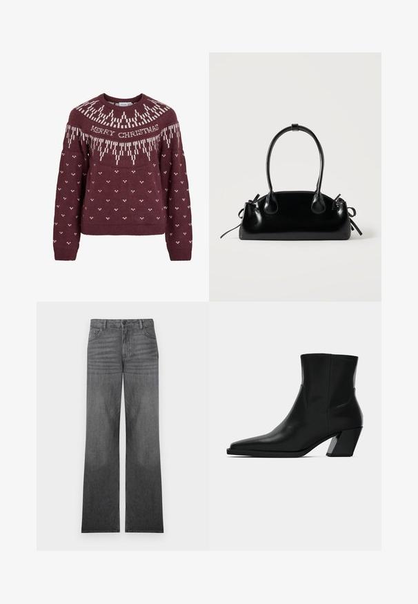 Pull bordeaux à encolure ronde avec le texte blanc "MERRY CHRISTMAS" et un motif de flocon de neige tricoté sur le yoke et le corps.; Jean en denim gris à jambes larges avec un lavage moyen, présentant un design à cinq poches, une fermeture à bouton sur le devant et des détails de couture subtils.; Bottine en cuir noir avec un bout pointu, une silhouette élégante et un talon carré massif. Texture lisse avec des détails de couture minimalistes.; Petit sac à main noir brillant avec deux longues anses et des détails à cordon sur les côtés sur un fond clair uni.