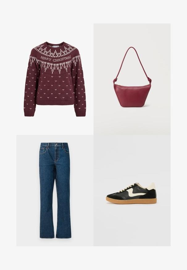 Pull bordeaux à encolure ronde avec le texte blanc "MERRY CHRISTMAS" et un motif de flocon de neige tricoté sur le yoke et le corps.; Jean en denim bleu foncé avec une coupe droite, comportant cinq poches, une taille mi-haute et des détails de couture contrastants.; Baskets en daim et cuir noir avec un swoosh latéral crème et un talon crème clair. Dotées de lacets beige et d'une semelle en caoutchouc gomme.; Petit sac à bandoulière en cuir marron foncé avec bandoulière nouée et fermeture éclair supérieure, sur un fond clair uni.