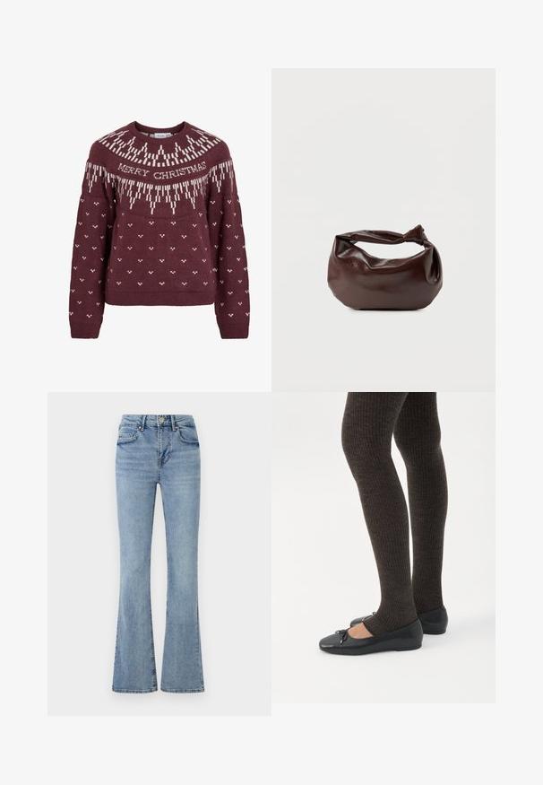 Bordeauxrød sweater med rund halsudskæring med hvid tekst "MERRY CHRISTMAS" og et strikket snefnugmønster på bærestykket og kroppen.; Lyseblå denimjeans med høj talje, frontknap og lynlås, fem lommer og let udvidede ben.; Ben iført mørke ribbede leggings kombineret med sorte balletsko med små sløjfedetaljer på hvid baggrund.; Mørkebrun læder skuldertaske med en blød, afslappet form og et snoet knudehåndtag på en ensartet hvid baggrund.