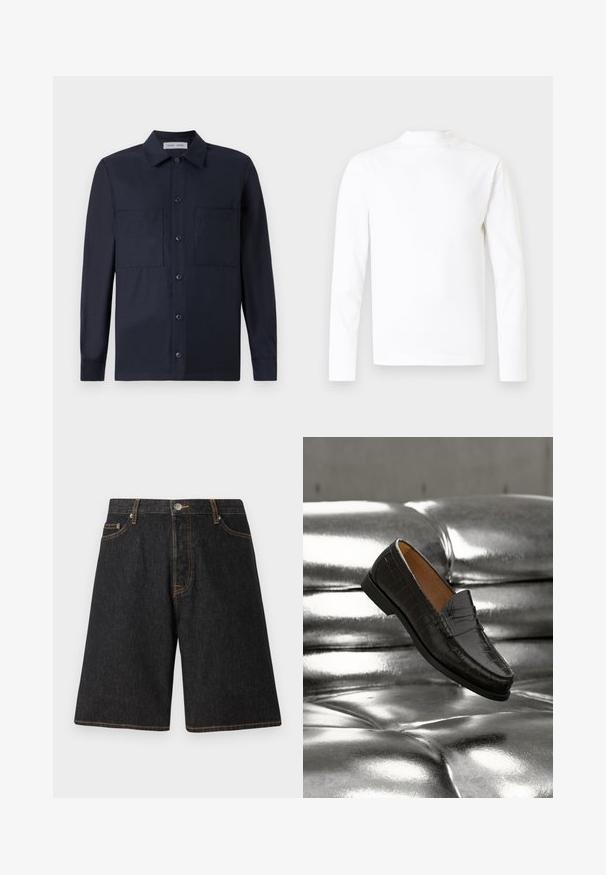 Hvid skjorte med lange ærmer og høj hals i glat bomuldsstof. Har et enkelt design uden synlige mønstre eller detaljer.; Samsøe Samsøe TAKA JO OVERSHIRT - Skjorter - dark blue; Sorte denimshorts med lige ben, prydet med orange syninger, fem lommer og en metalknaplukning i linningen.; Sort lædersko med krokodillemønster, svævende over en skinnende sølvfarvet sofa med knapper, der fremhæver skoens detaljer og tekstur i nærbillede.