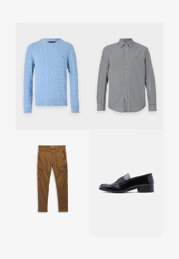 Pull en maille bleu clair avec un motif en torsades, col rond et bords-côtes aux poignets et à l'ourlet. Petit logo en accent sur la poitrine.; Chemise à manches longues noir et blanc à carreaux avec un devant boutonné et un col rabattu. Présente une coupe ajustée et un petit logo sur la poitrine.; Pantalons cargo droits marron avec bouton avant, passants de ceinture, poches latérales et arrière, et fermetures à rabat sur les poches de cuisse.; Mocassin en cuir verni noir avec petit talon bloc et large bande élastique sur le dessus, vu de profil sur fond blanc.