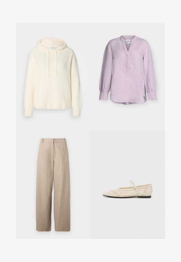 Sudadera corta con capucha de color crema, elaborada con un tejido texturizado. Cuenta con cordones y puños acanalados, con un ajuste relajado y un sutil logo.; Blusa de lino lavanda de manga larga con escote en V, cuello mandarín, puños abotonados y dobladillo ligeramente curvado con aberturas laterales.; Pantalones anchos beige de algodón. Presentan un frente plano, dos bolsillos laterales y una textura suave. Diseño simple y funcional.; Bailarinas de color beige con punta afilada, un diseño de malla superpuesto y una correa con hebilla lateral. Suela plana con una textura suave.