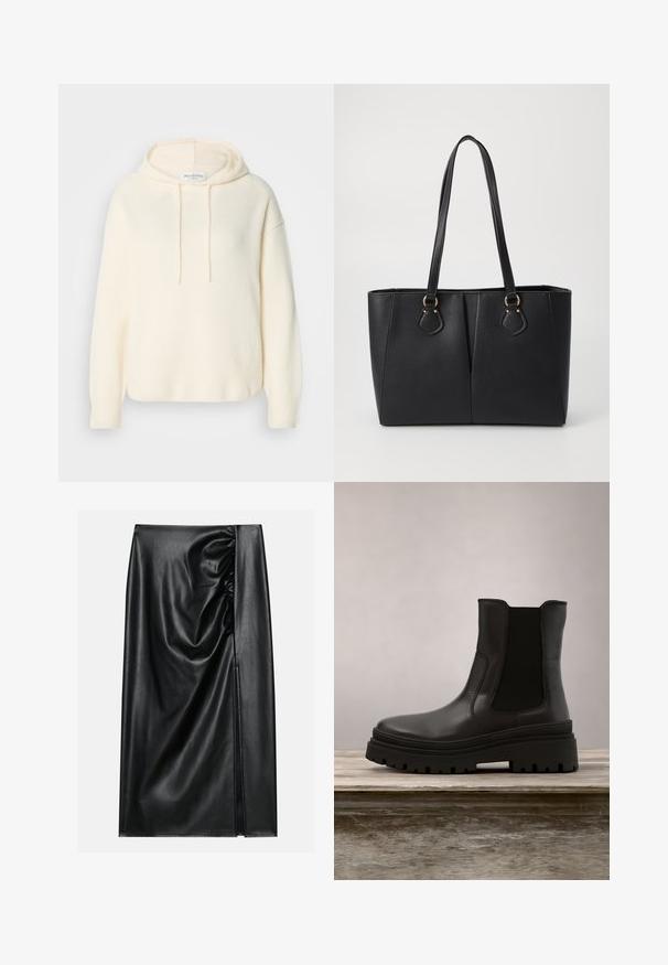 Crème, cropped hoodie van textuurstof. Heeft trekkoorden en ribgebreide manchetten, met een relaxte pasvorm en subtiele branding.; Zwarte leren rok met een soepele textuur, voorzien van een geplooid gedeelte aan één kant en een zijspleet voor extra detail.; Zwarte leren enkelboot met een chunky zool, elastische zijkanten en een gladde afwerking. Verhoogd ontwerp met contrasterende profieldetails.; Zwarte neplederen tote bag met een gestructureerde afwerking, twee lange handvatten en goudkleurige hardware-accenten aan de zijkant. Rechthoekige vorm.
