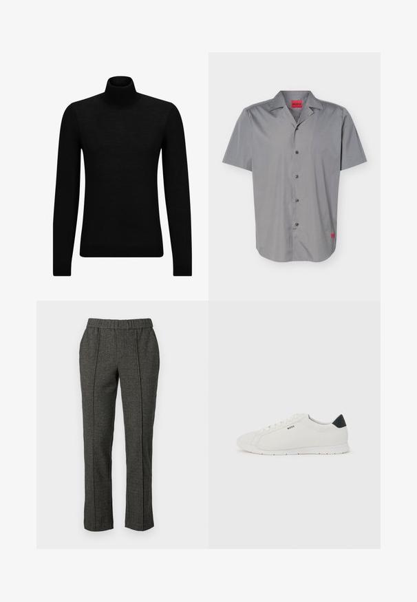 Sort turtleneck sweater lavet af blødt materiale, med lange ærmer og en tætsiddende pasform. Ribbet trim ved kanten og manchetter. Simpelt design.; Herre kortærmet grå skjorte med knapper og krave, fem sorte knapper og røde Hugo-mærker på kraven og underkanten.; Grå skræddersyede bukser med en struktureret stof, der har en elastisk talje, lige ben og detaljer med forkant.; Hvid lavtop-sneakers med sort hælflap, hvide snørebånd og "BOSS"-logo på siden, vist mod en ensfarvet lys baggrund.