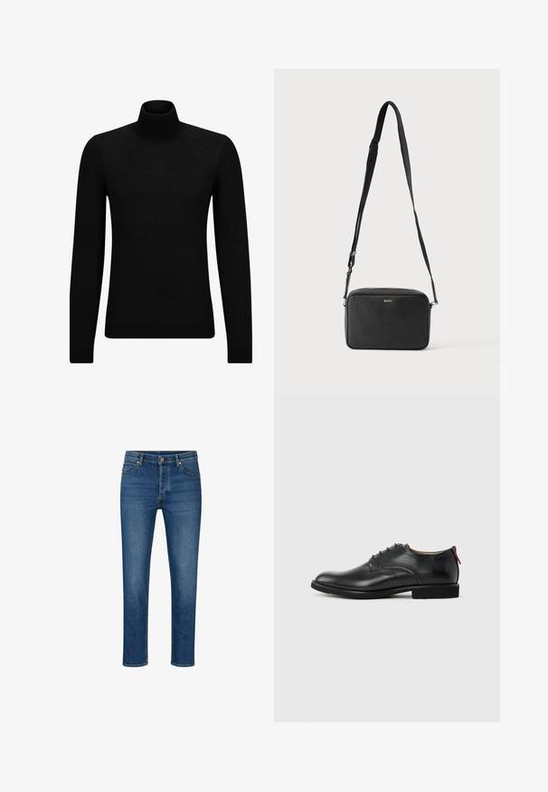 Schwarzer Rollkragenpullover aus weichem Material mit langen Ärmeln und enger Passform. Rippbesatz am Saum und an den Bündchen. Einfaches Design.; Blaue Denim-Jeans mit geradem Schnitt, ausgestattet mit fünf Taschen, Gürtelschlaufen und einem Knopfverschluss. Leichte Abnutzungsspuren und kontrastierende Nähte.; Schwarzer Herren-Lederschuh mit Schnürung und rotem Zuglasche an der Ferse vor schlichten Hintergrund.; Schwarze rechteckige Umhängetasche mit verstellbarem Riemen und BOSS-Logo auf der Vorderseite, vor einem einfarbigen hellen Hintergrund.