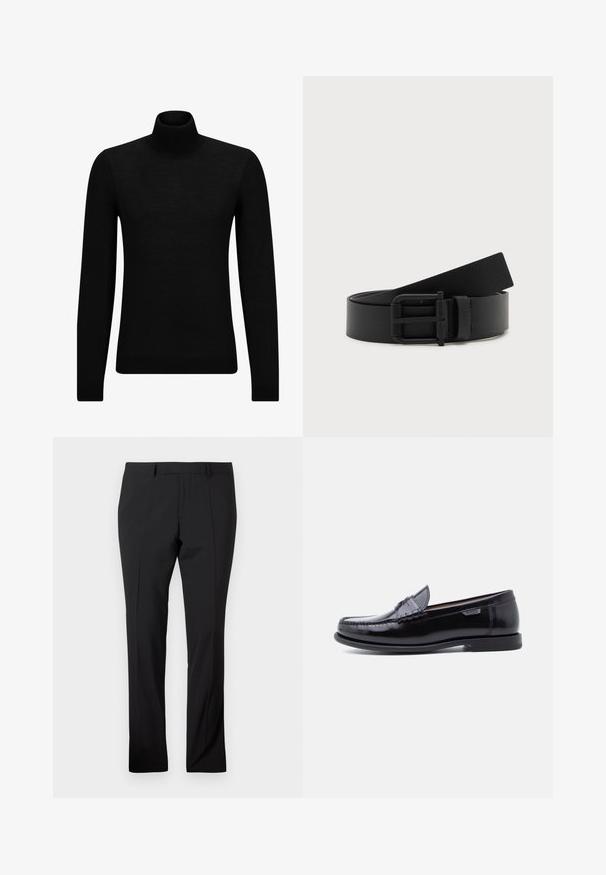 Schwarzer Rollkragenpullover aus weichem Material mit langen Ärmeln und enger Passform. Rippbesatz am Saum und an den Bündchen. Einfaches Design.; Schwarze maßgeschneiderte Hose mit Gürtelschlaufen, vorderer Bügelfalte und geradem Beinaufschnitt auf einem schlichten weißen Hintergrund.; Schwarze Leder-Loafer mit glänzendem Finish, mit einer gesteppten Verzierung auf der Zehenpartie und einer niedrigen, strukturierten schwarzen Gummisohle.; Schwarzer Ledergürtel, gerollt mit matter schwarzer Metallschnalle auf weißem Hintergrund.