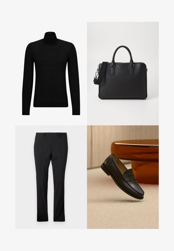 Sort turtleneck sweater lavet af blødt materiale, med lange ærmer og en tætsiddende pasform. Ribbet trim ved kanten og manchetter. Simpelt design.; Sorte skræddersyede bukser med bæltestropper, forkantfold og lige ben på en ensfarvet hvid baggrund.; Sort læder loafer-sko hængende over beige tæppe med ravfarvet moderne møblement i baggrunden.; Sort lædertaske med struktureret overflade, doble håndtag og en aftagelig skulderrem. Har sølvfarvede lynlåse og minimalistiske designelementer.