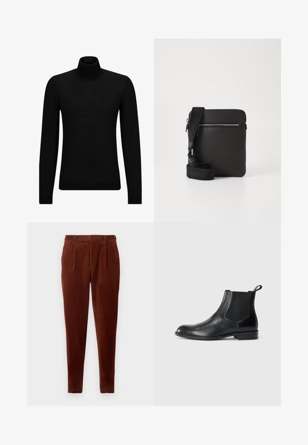 Zwarte coltrui van zacht materiaal, met lange mouwen en een snug fit. Geribbelde afwerking aan de onderkant en mouwen. Eenvoudig ontwerp.; Bruine corduroy broek met een rechte pasvorm, voorzien van voorkruis, twee zijzakken en een gladde textuur. Geschikt voor casual draag.; Zwarte leren enkelboot met elastische zijpanelen, ronde neus en een trekhaak. Gladde textuur, platte zool, minimalistisch ontwerp.; Zwarte leren schoudertas met een gestructureerd oppervlak, een ritsvak aan de voorkant en een verstelbare stoffen schouderband. Eenvoudig vierkant ontwerp.