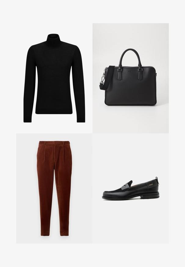 Sort turtleneck sweater lavet af blødt materiale, med lange ærmer og en tætsiddende pasform. Ribbet trim ved kanten og manchetter. Simpelt design.; Brune corduroy bukser med lige pasform, featuring frontfolder, to sidelommer og en glat tekstur. Velegnet til afslappet brug.; Sort læderloafer med grå remdetalje, lav hæl og tekstureret sål, mærket med "HUGO" i guld på siden.; Sort lædertaske med struktureret overflade, doble håndtag og en aftagelig skulderrem. Har sølvfarvede lynlåse og minimalistiske designelementer.